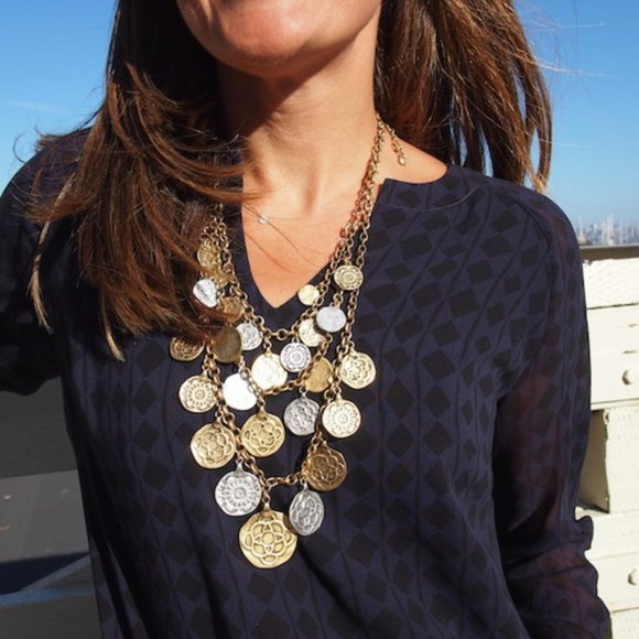 Vintage CAbi Coin Necklace Gold Silver Triple Strand Layered Statement Bib NWT - Picture 2 of 4